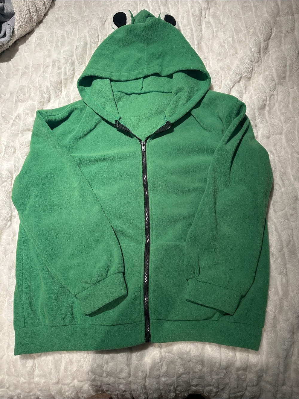 Green Fleece Zip-Up Hoodie with Eyes on Hood